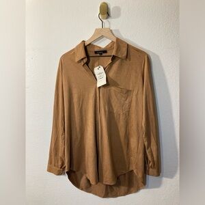 Olivaceous brown faux suede stretch collared shirt size medium